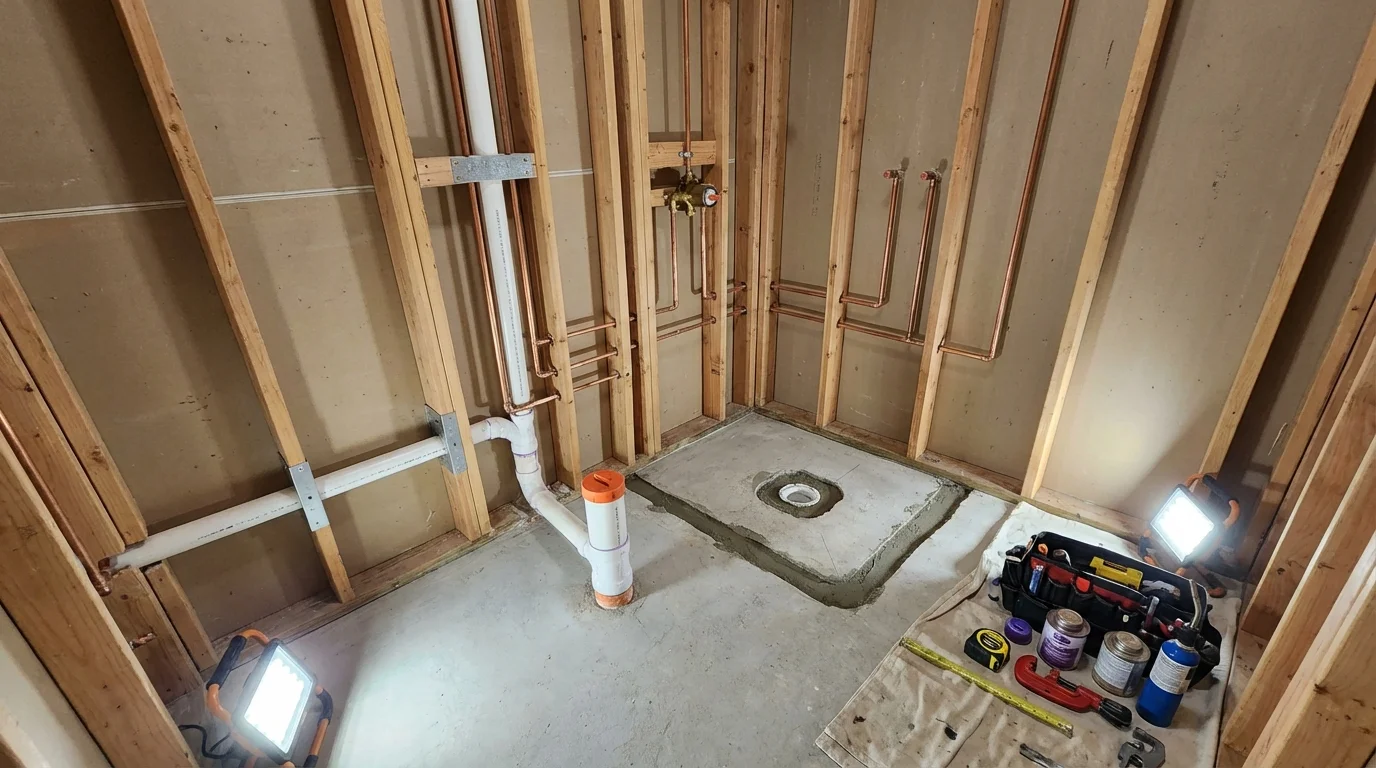 Bathroom rough-in plumbing during remodel by Johns Plumbing LLC in Campbellsport