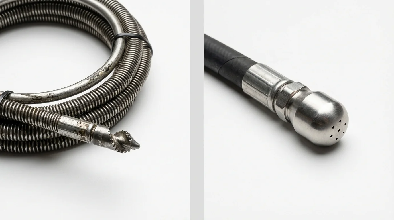Drain snake cable and hydro jetting nozzle used for drain cleaning in Campbellsport, WI
