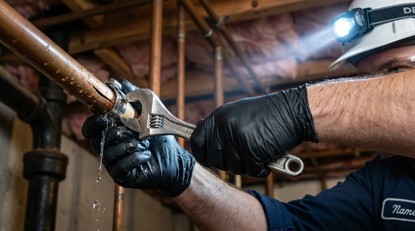 Emergency pipe clamp repair being performed by a Johns Plumbing LLC plumber in Campbellsport