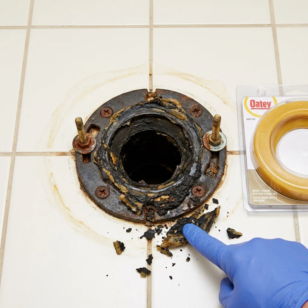Failed wax ring showing water seepage at the base of a toilet in a Campbellsport, WI home
