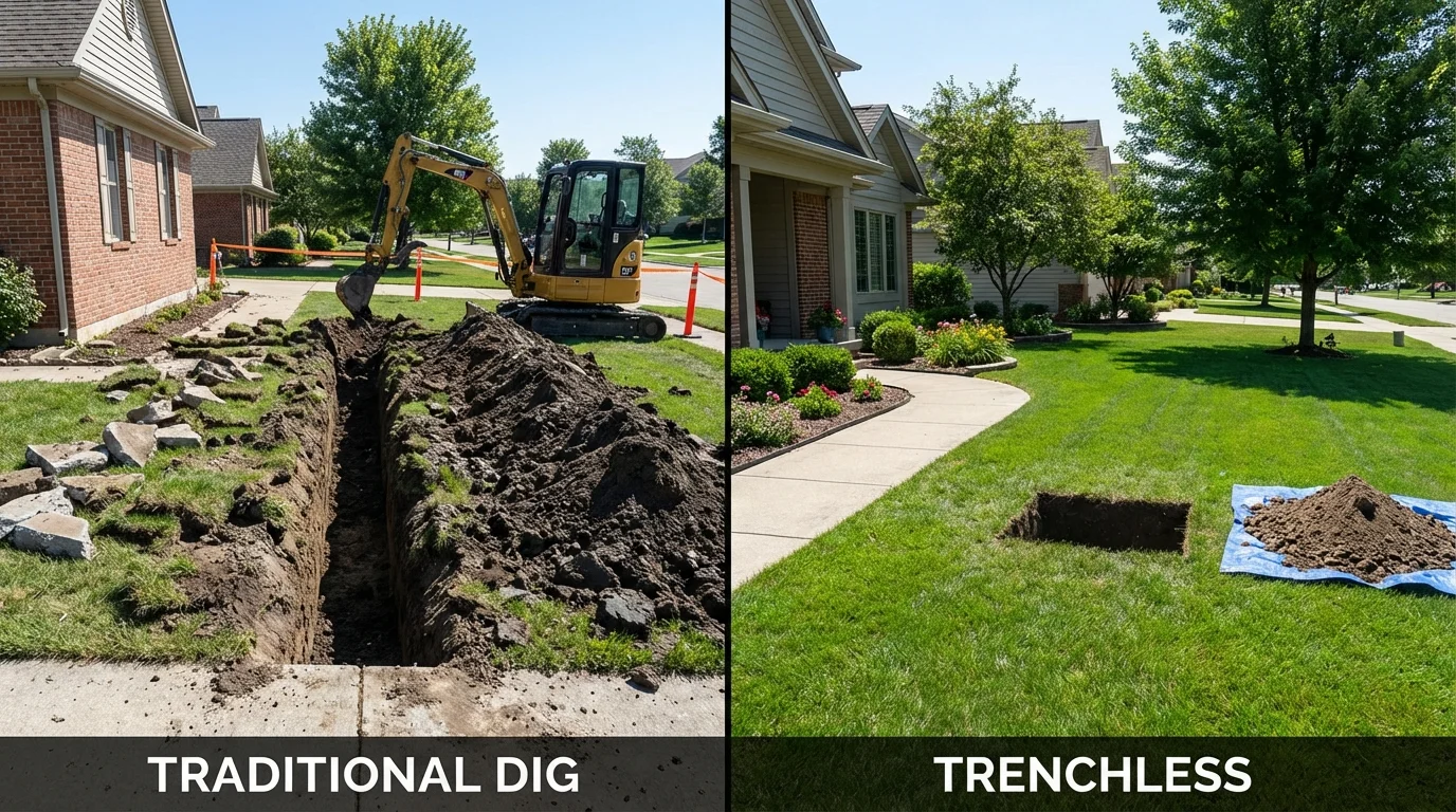 Trenchless sewer repair with minimal yard damage versus traditional excavation in Campbellsport, WI