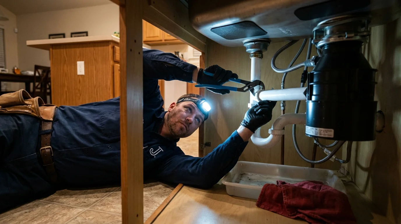P-trap and supply line connections under a kitchen sink showing a common leak point in Campbellsport, WI